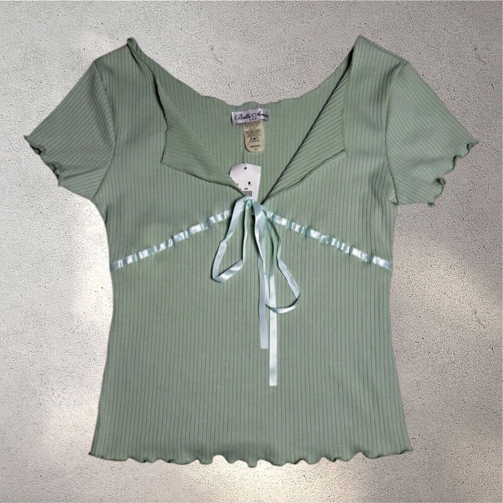 Vintage Belle Amie Womens Y2K Babydoll Top Large Green Fairy Cottage Deadstock